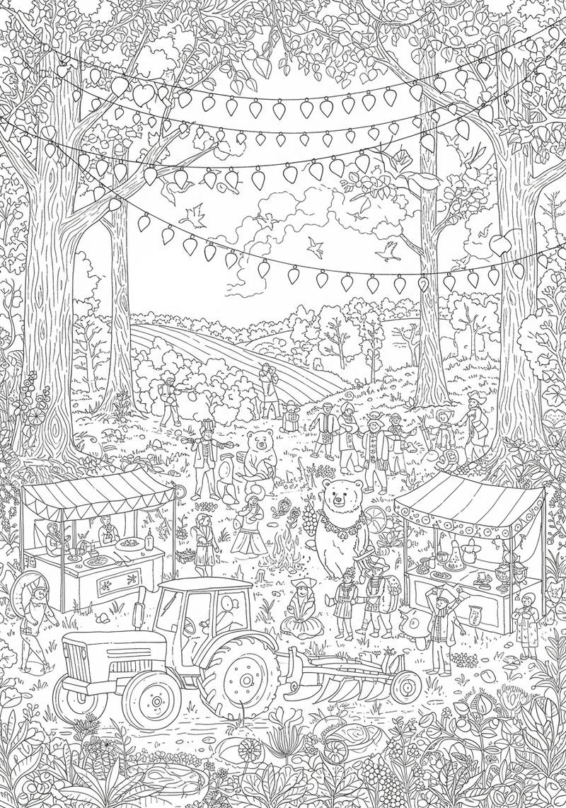 Página para colorear de una animada escena en una granja con animales, personas y decoraciones.