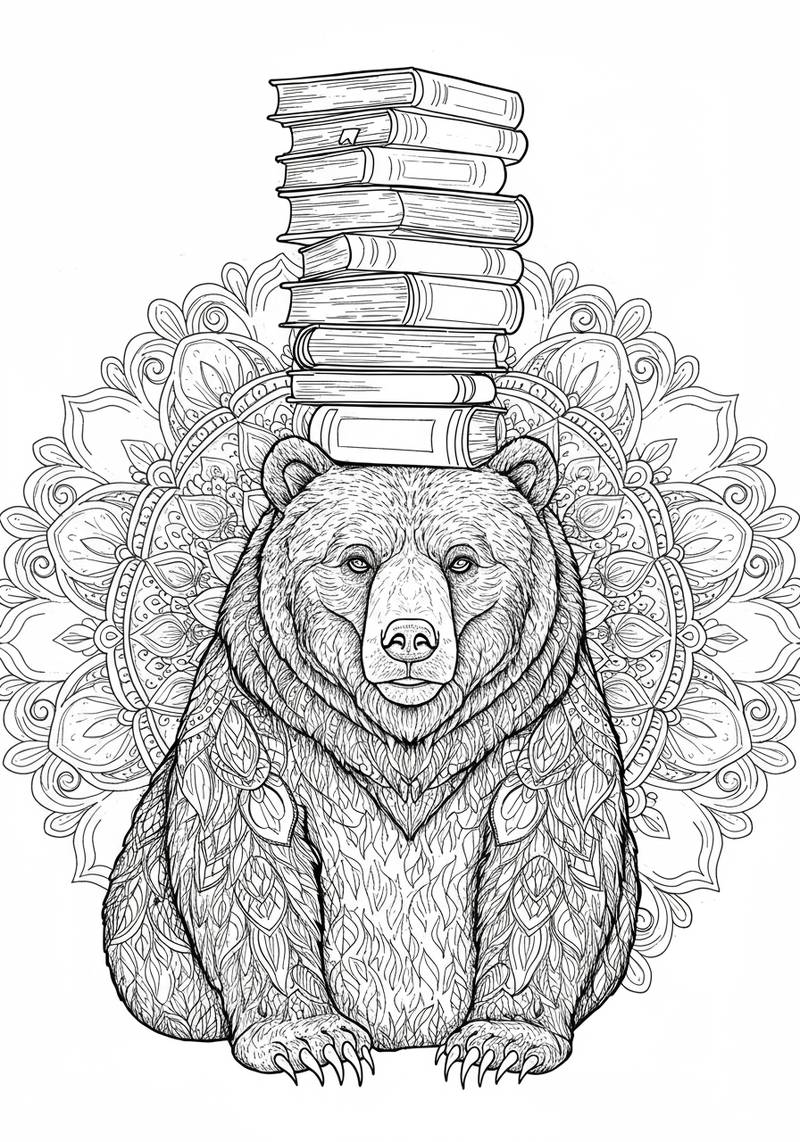 Página para colorear de un oso sentado frente a un mandala detallado con una pila de libros equilibrada en su cabeza.