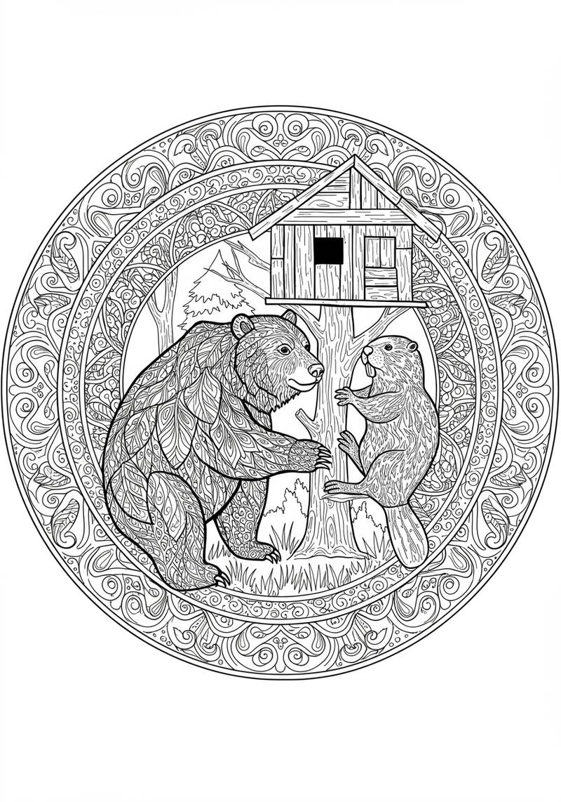 Página para colorear de un oso y una nutria interactuando en un bosque con árboles y una casa en un árbol.