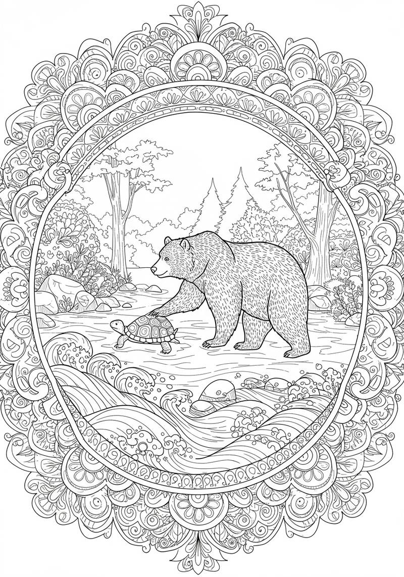 Página para colorear de un oso y una tortuga en un entorno forestal.