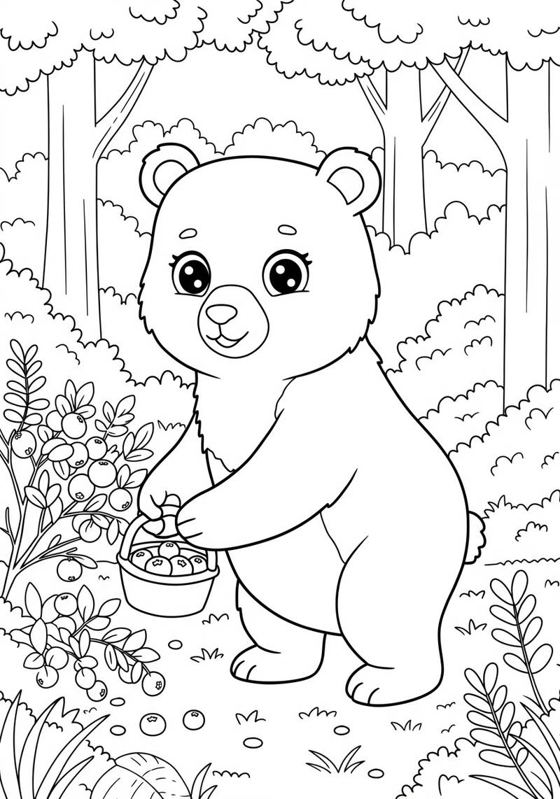 Página para colorear de un oso lindo recogiendo arándanos en un bosque.