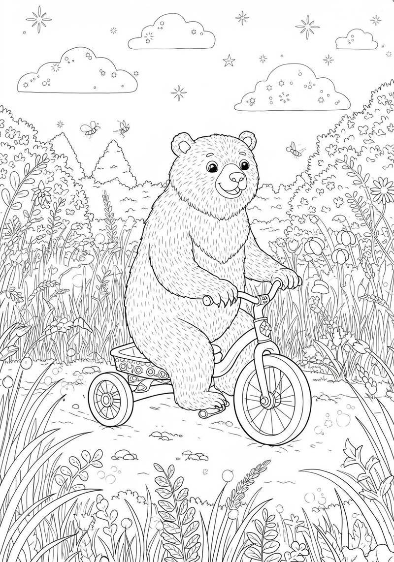 Página para colorear de un oso lindo que monta en bicicleta a través de un paisaje de hierba y flores con nubes y abejas en el cielo.