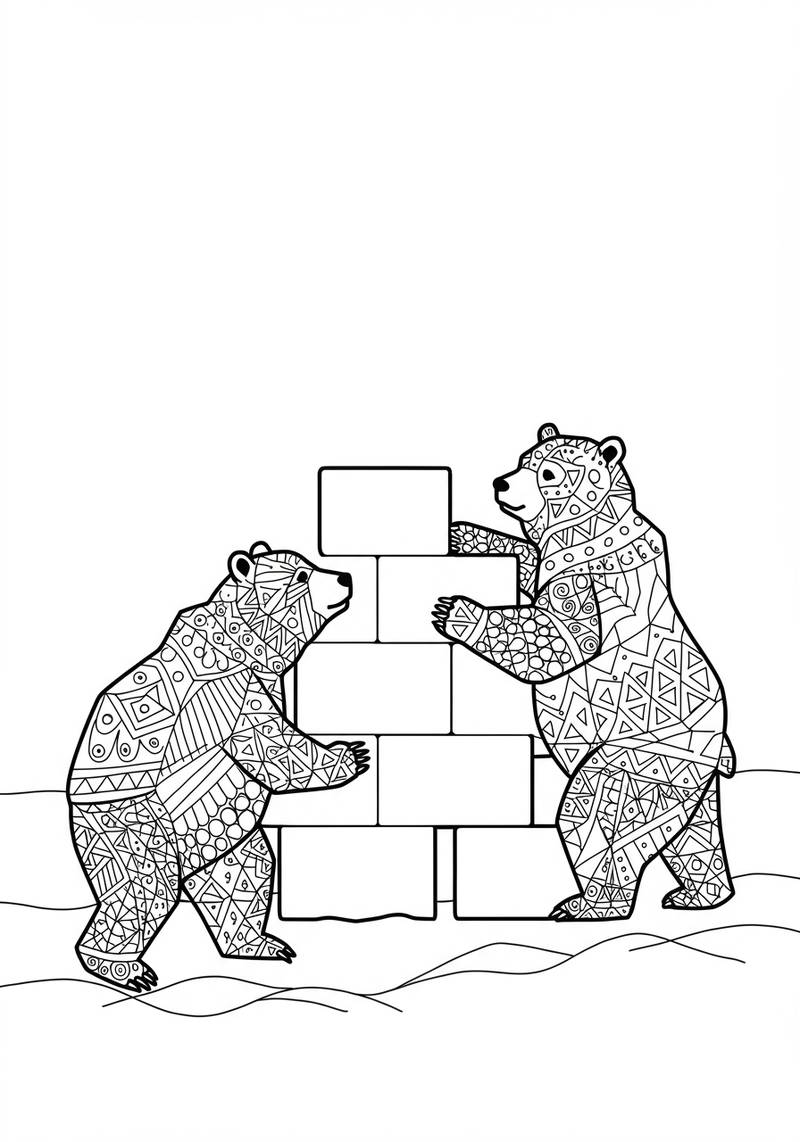 Página para colorear de dos osos apilándose y construyendo una torre con bloques.