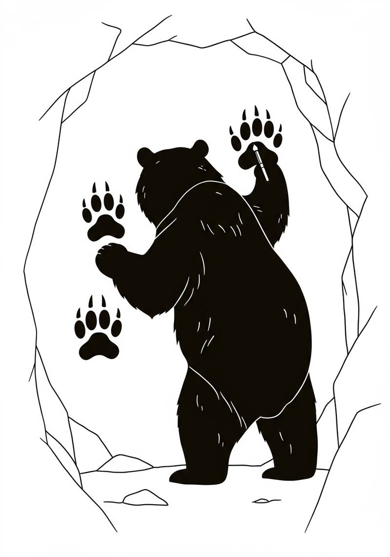 Página para colorear de un oso de pie dentro de una cueva con las patas presionadas contra las paredes.