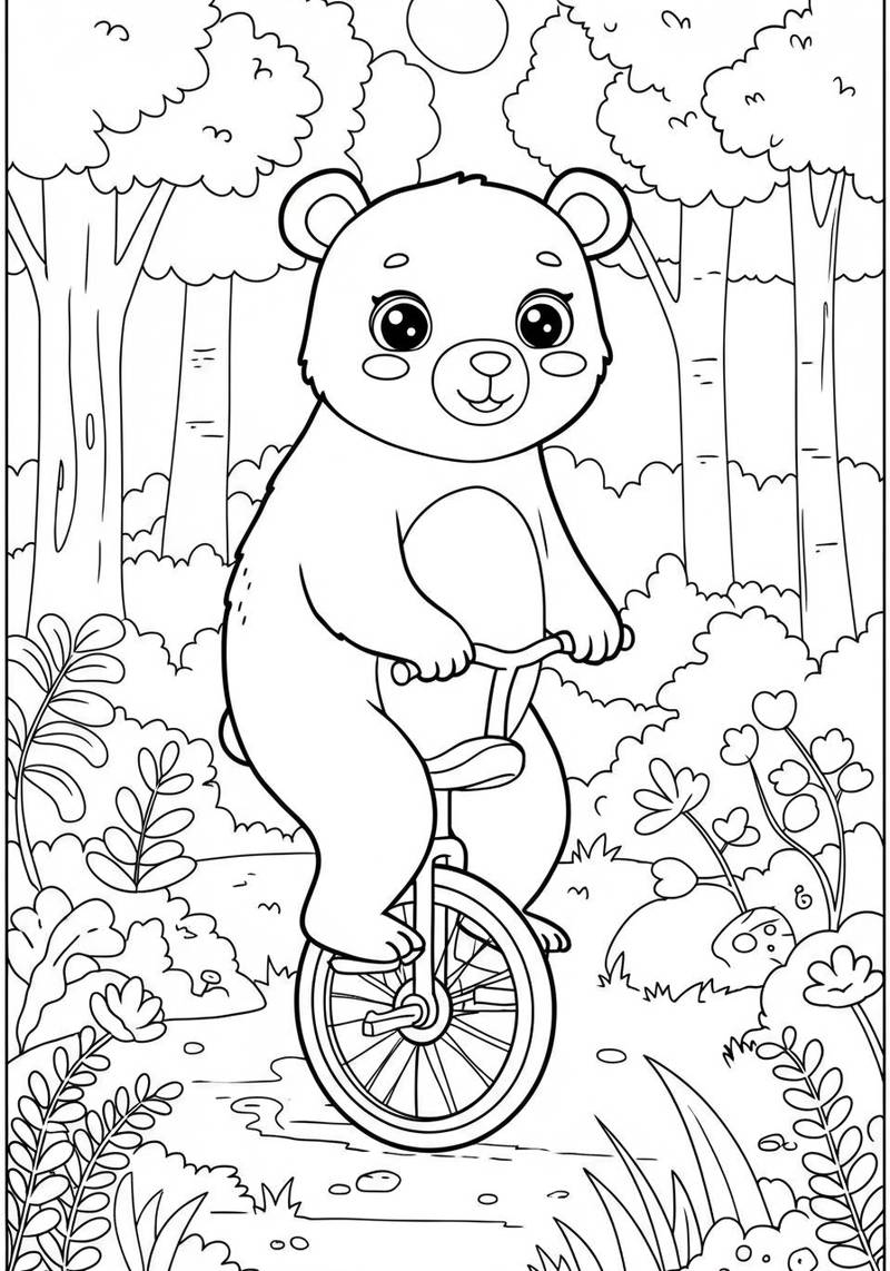 Página para colorear de un oso lindo montando en bicicleta a través de un bosque con árboles y arbustos.