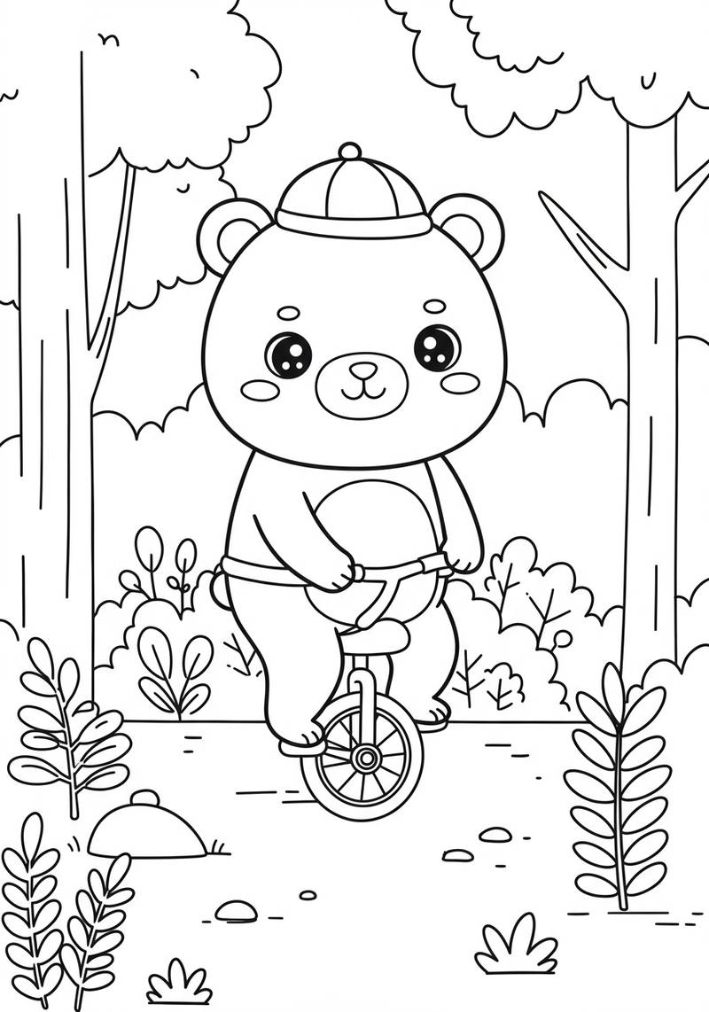 Página para colorear de un oso lindo montando en bicicleta en un bosque.
