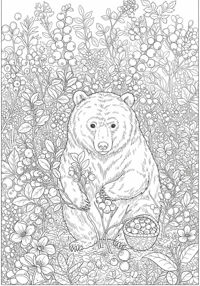 Página para colorear de un oso rodeado de arbustos de bayas y flores.