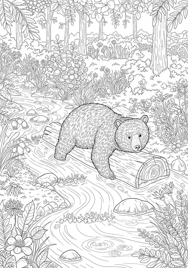 Página para colorear de un oso caminando por un arroyo en un bosque.