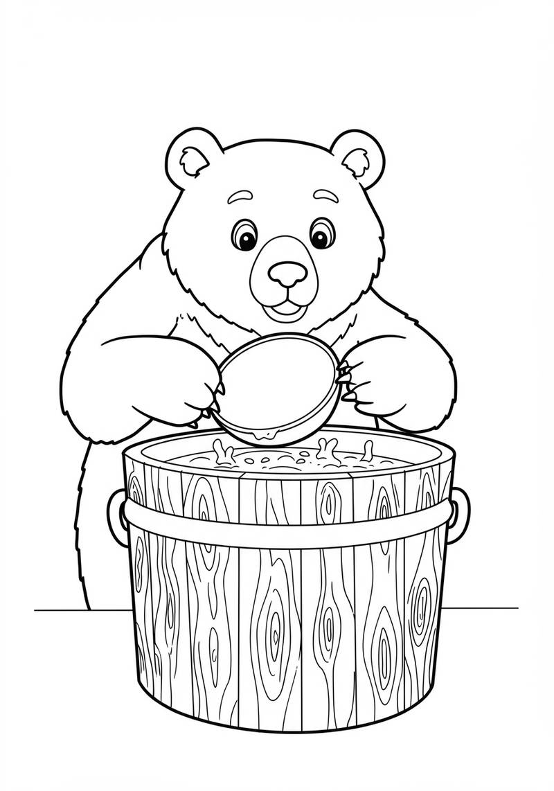 Página para colorear de un oso sosteniendo un bol y removiendo aguardiente en un barril de madera.