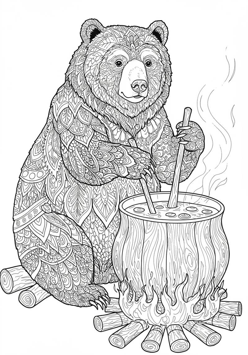 Página para colorear de un oso sentado tranquilamente dentro de un hongo grande con una poción humeante.