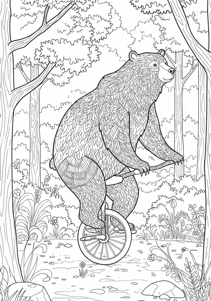 Página para colorear de un oso equilibrándose en una bicicleta de una rueda en un entorno forestal.