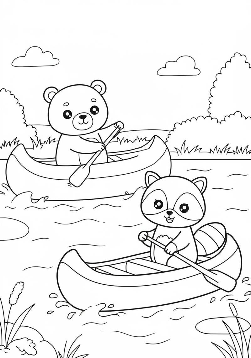 Página para colorear de un oso y un mapache adorables en botes en un río.