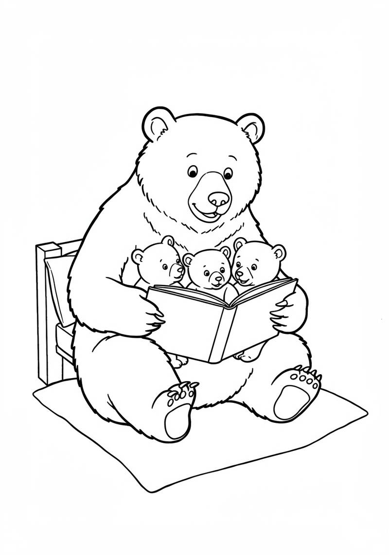 Página para colorear de un oso grande sentado en una alfombra, leyendo un libro a tres oseznos.