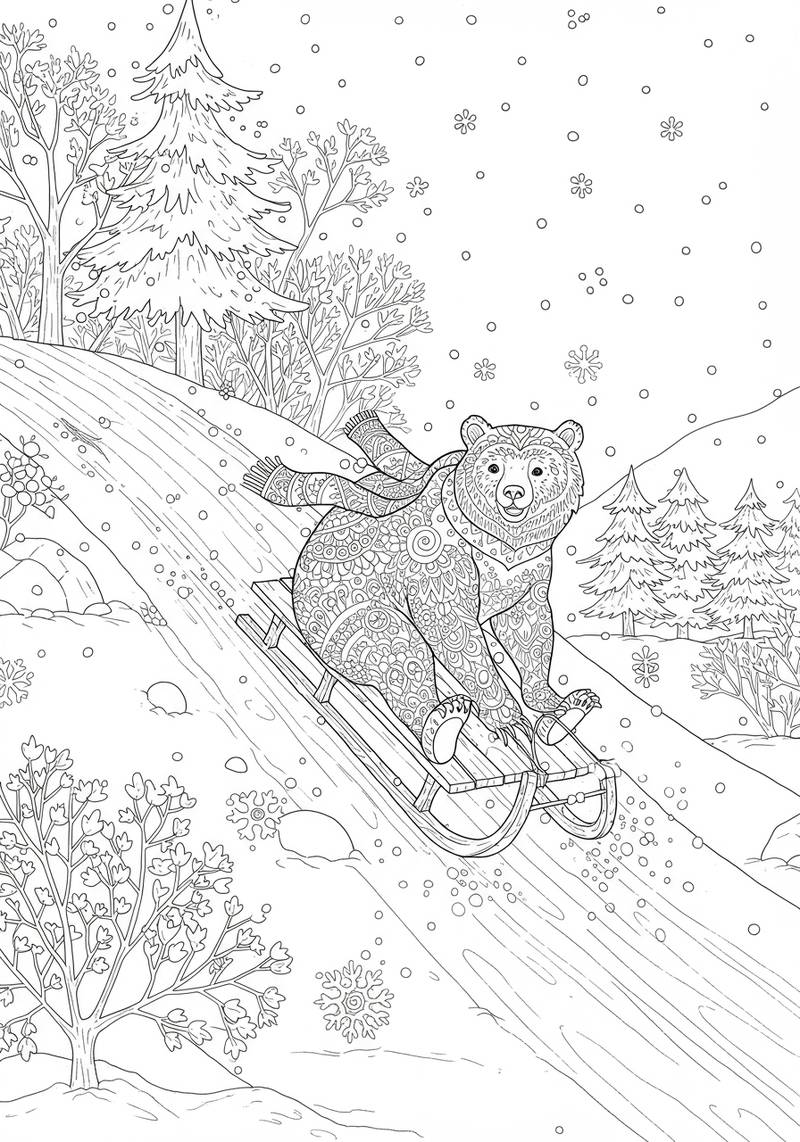 Página para colorear de un oso deslizando en trineo por una colina nevada rodeada de árboles y nieve cayendo.
