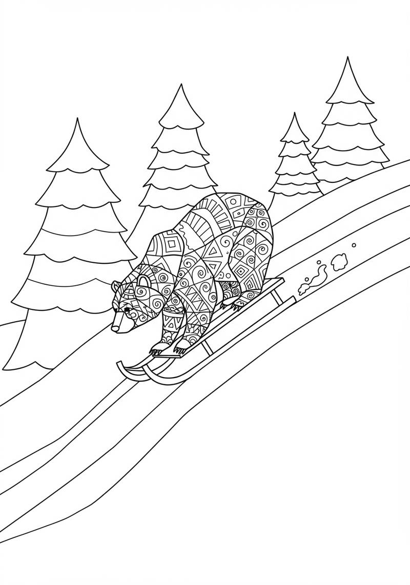 Coloring page of a bear sledging down a snowy hill with pine trees in the background
