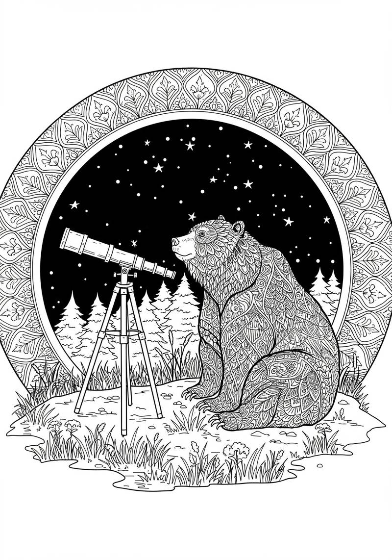 Página para colorear de un oso sentado afuera por la noche, mirando a través de un telescopio el cielo estrellado.