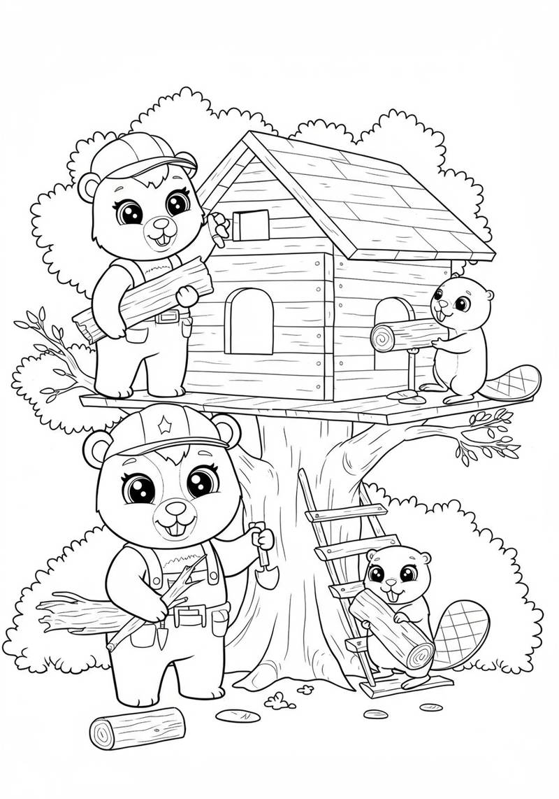 Página para colorear de dos ositos adorables construyendo y trabajando en una casa en el árbol.