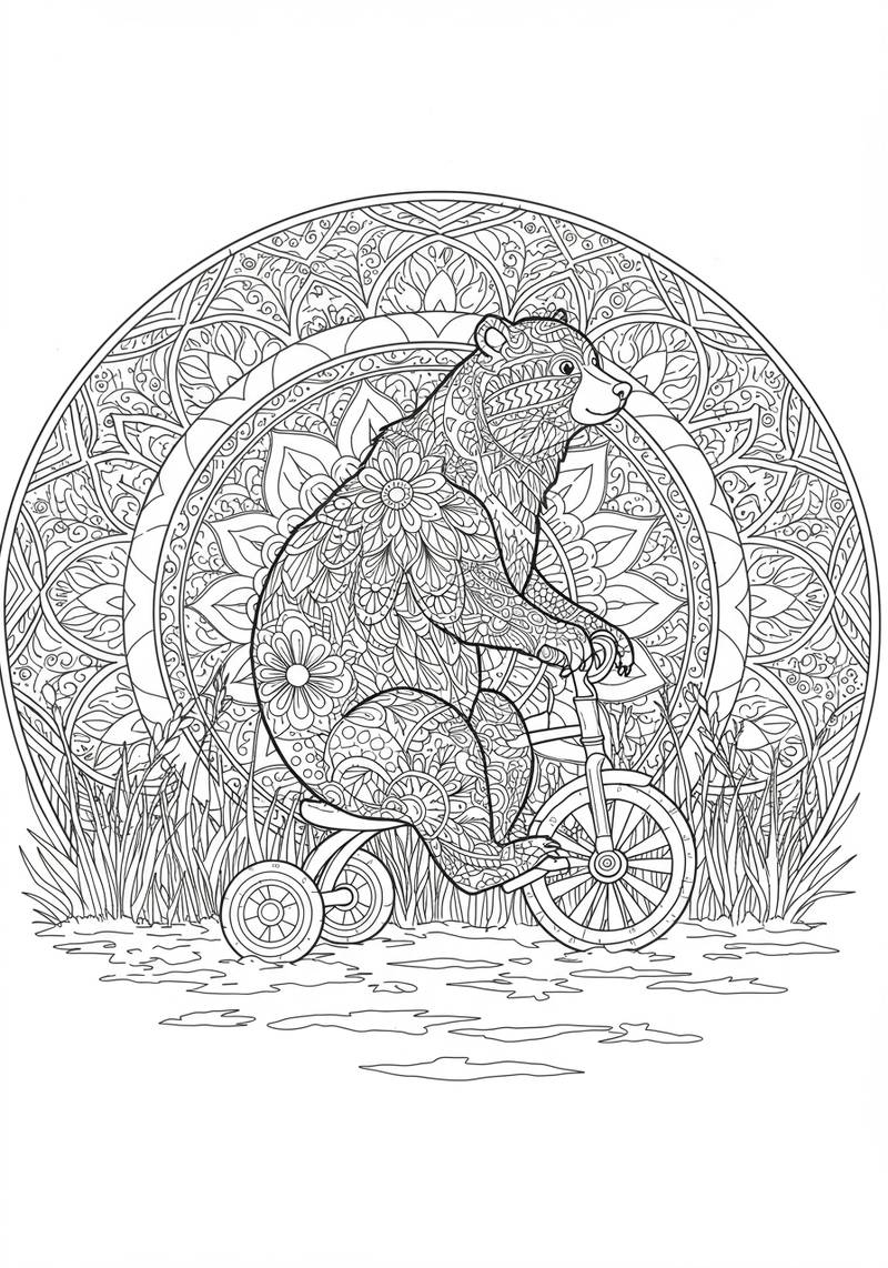 Página para colorear de un oso que monta en un triciclo rodeado de un mandala detallado con patrones florales y geométricos.