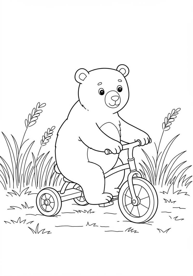 Página para colorear de un oso adorable montado en un triciclo en un entorno exterior con césped.
