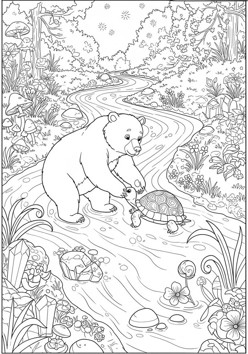 Página para colorear de un oso ayudando a una tortuga a cruzar un río que fluye en un bosque.