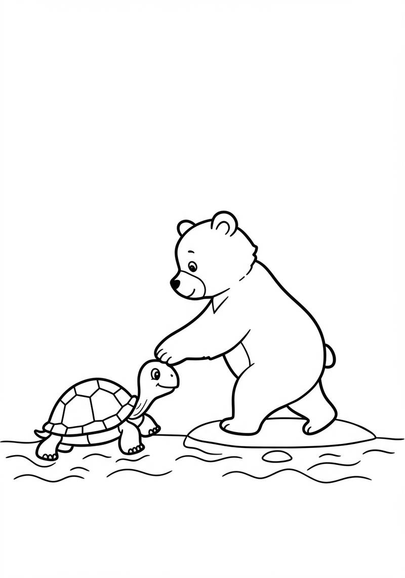 Página para colorear de un oso y una tortuga jugando junto al agua.