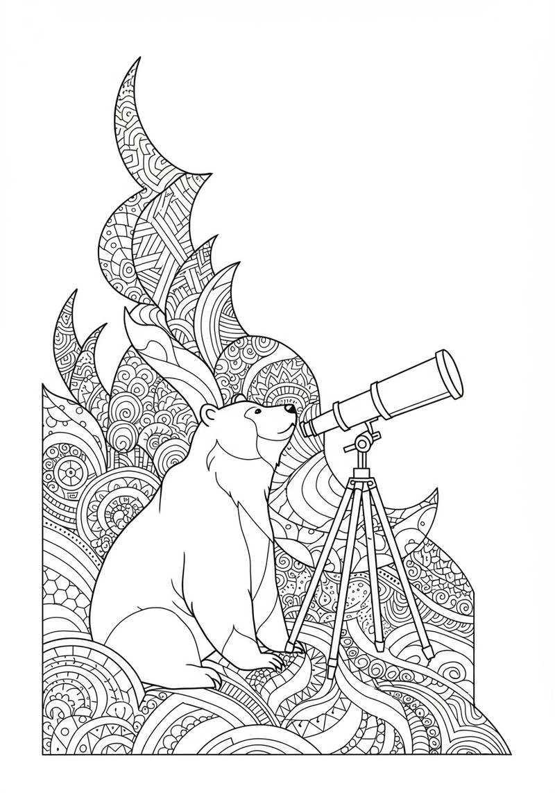 Página para colorear de un oso sentado con un telescopio en una montaña.