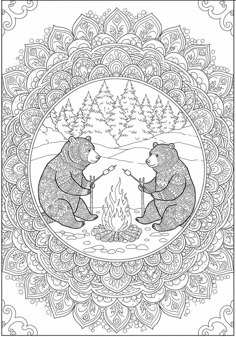 Página para colorear de dos osos sentados y asando malvaviscos alrededor de una fogata en un bosque.