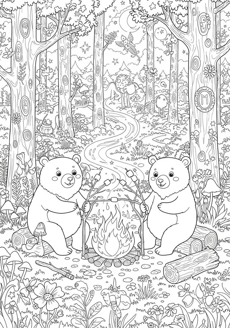 Coloring page of two bears sitting by a campfire in a forest surrounded by trees and flowers