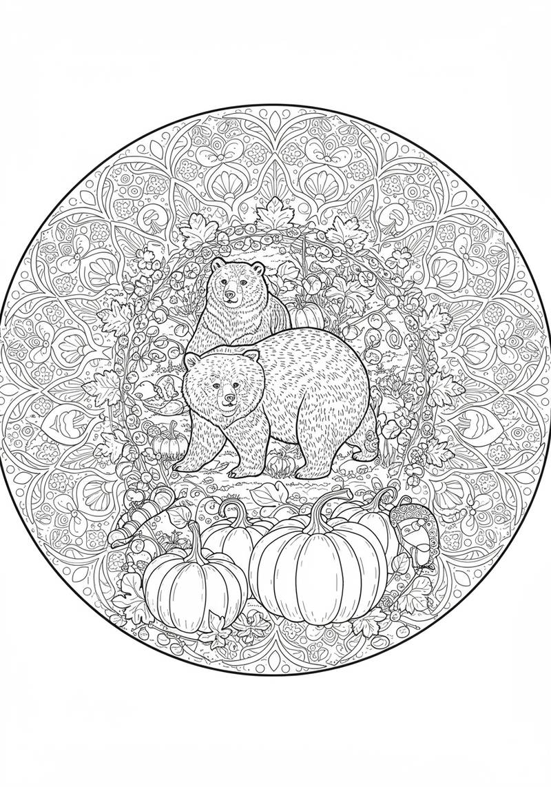 Página para colorear de dos osos en un campo de calabazas rodeados de calabazas, hojas y enredaderas.