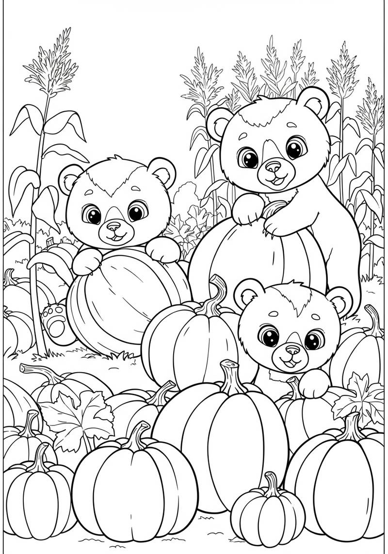 Página para colorear de tres adorables oseznos entre calabazas en un campo de calabazas.