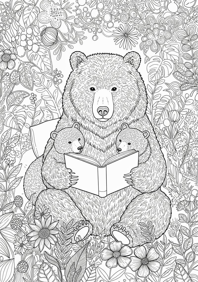 Página para colorear de una osa con dos oseznos leyendo un libro rodeados de vegetación detallada del bosque.
