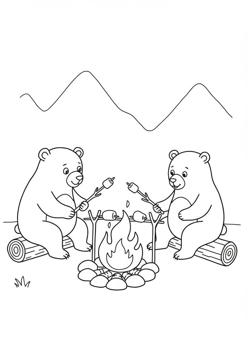 Página para colorear de dos osos asándose malvaviscos sobre una fogata con montañas en el fondo.