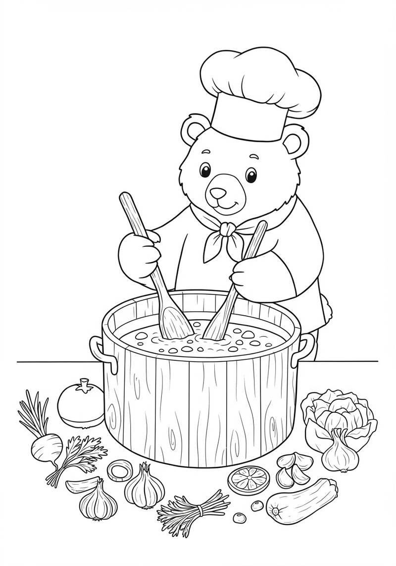 Página para colorear de un oso vestido de chef revolviendo una olla grande con verduras alrededor.
