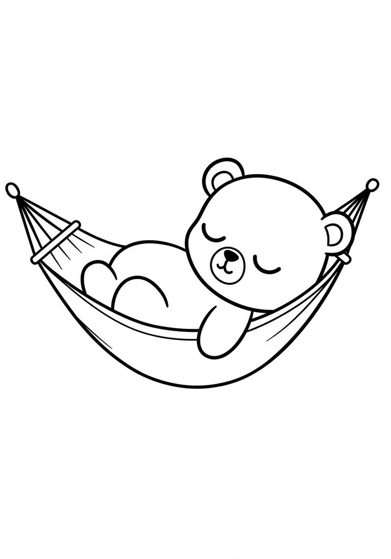 Página para colorear de un oso lindo durmiendo tranquilamente en una hamaca.
