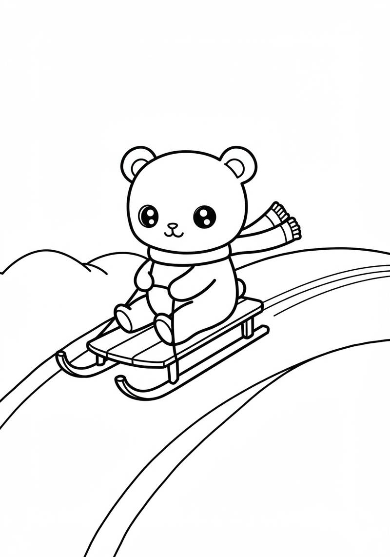 Página para colorear de un oso lindo sentado en un trineo en una colina nevada