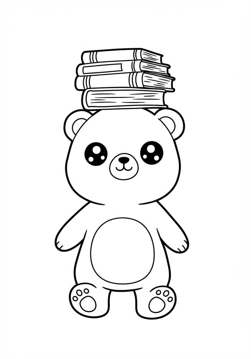 Página para colorear de un oso adorable con una pila de libros en la cabeza.