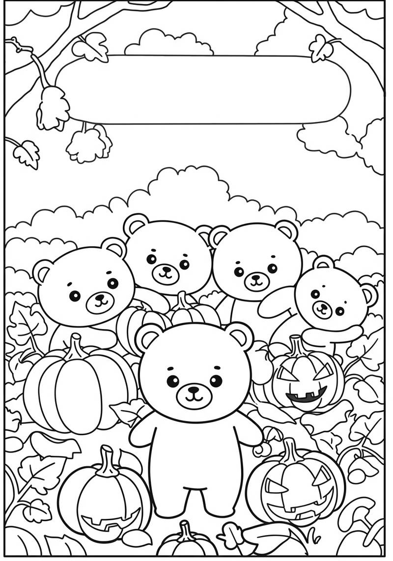 Página para colorear con osos adorables rodeados de calabazas, incluyendo algunas con caras aterradoras.