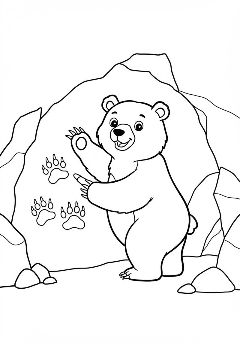 Página para colorear de un oso lindo de pie sobre sus patas traseras en un paisaje montañoso.