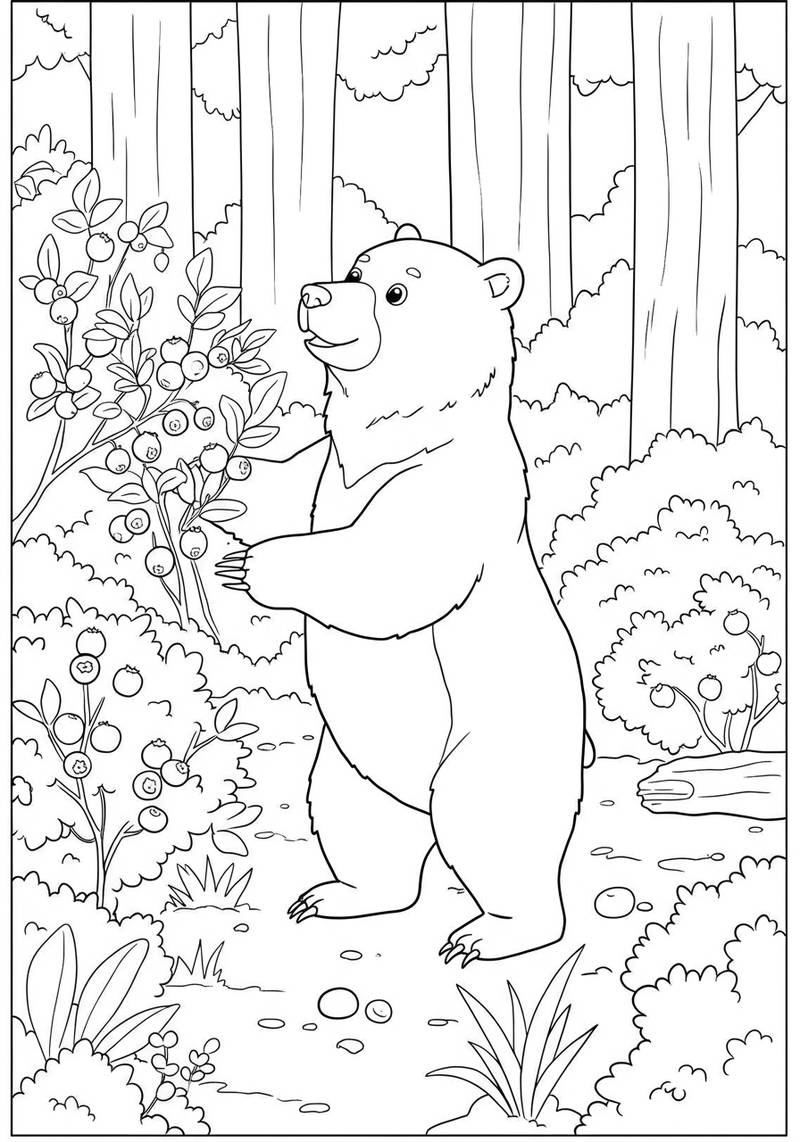 Página para colorear de un lindo oso grizzly de pie sobre sus patas traseras en un bosque, rodeado de árboles y arbustos.