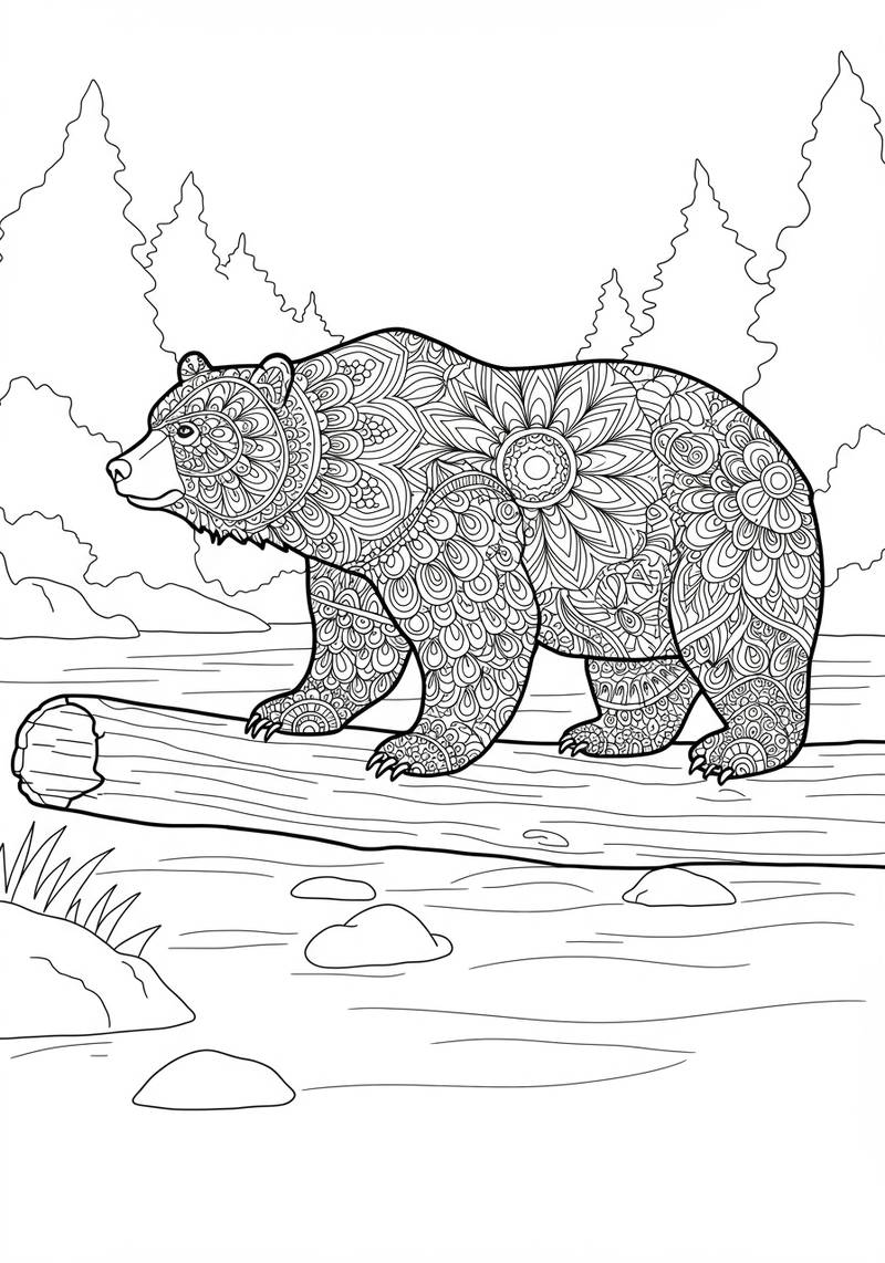 Página para colorear en blanco y negro de un oso con patrones detallados en un entorno natural al aire libre.