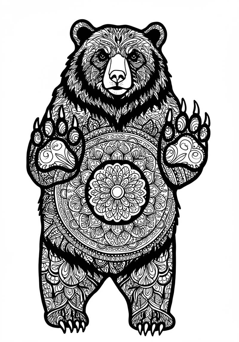 Página para colorear en blanco y negro de un oso con patrones y diseños elaborados.