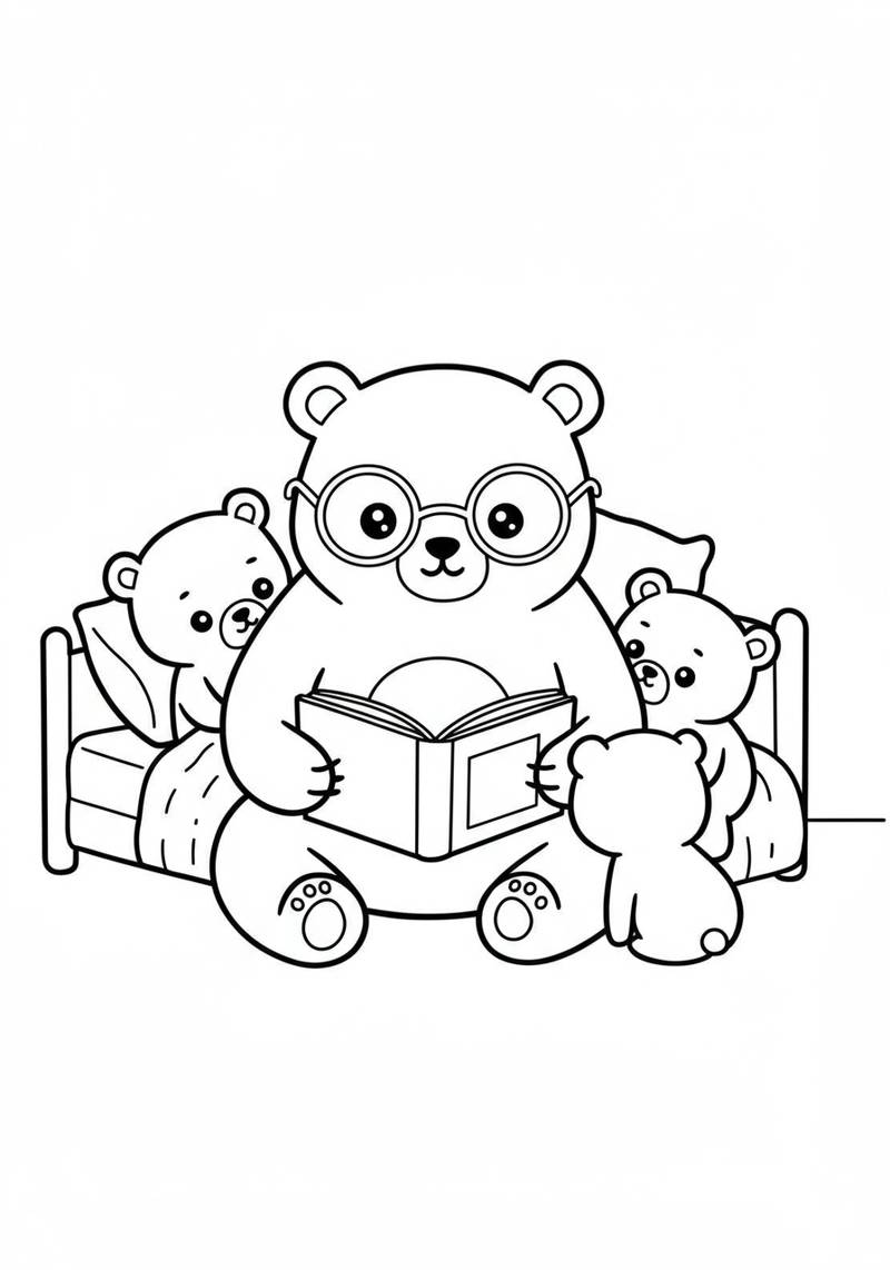 Página para colorear de una familia de osos sentada en una cama, con el oso más grande leyendo un libro a los oseznos más pequeños.