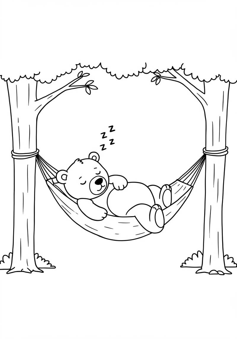 Página para colorear de un oso adorable durmiendo en una hamaca entre dos árboles.