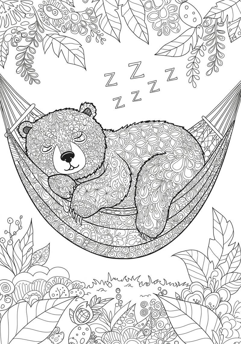 Coloring page of a cute bear sleeping in a hammock surrounded by leaves and flowers