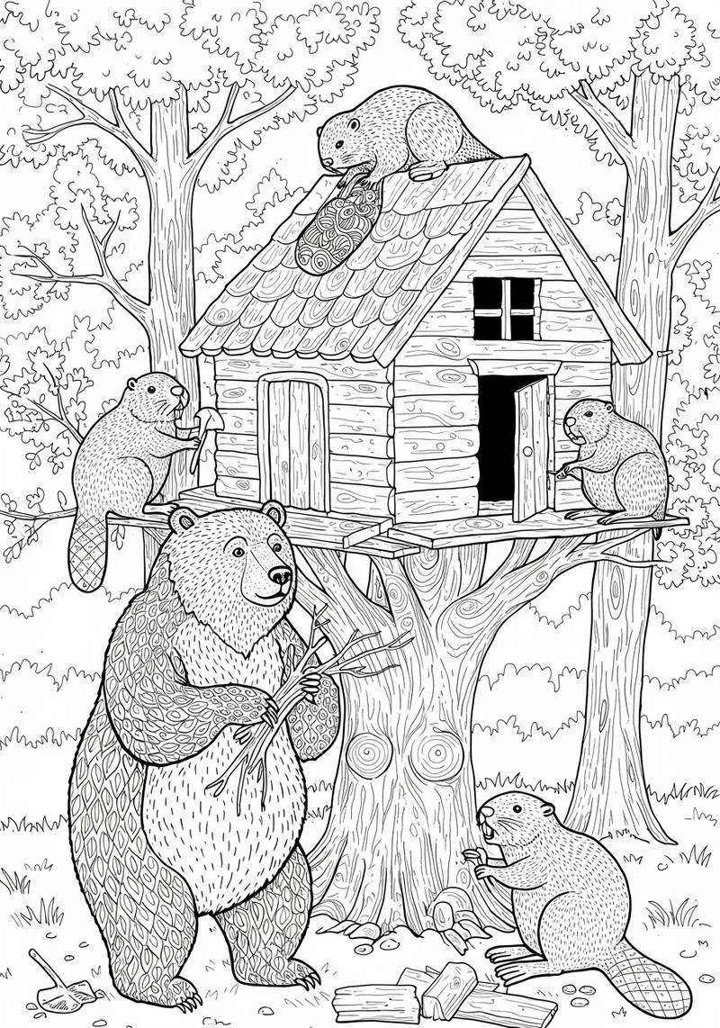 Página para colorear de animales del bosque alrededor de una casa en el árbol en un bosque.