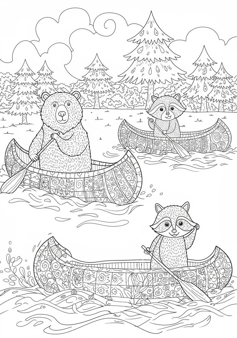 Página para colorear que muestra a un oso y dos mapaches remando canoas en un río en un bosque.