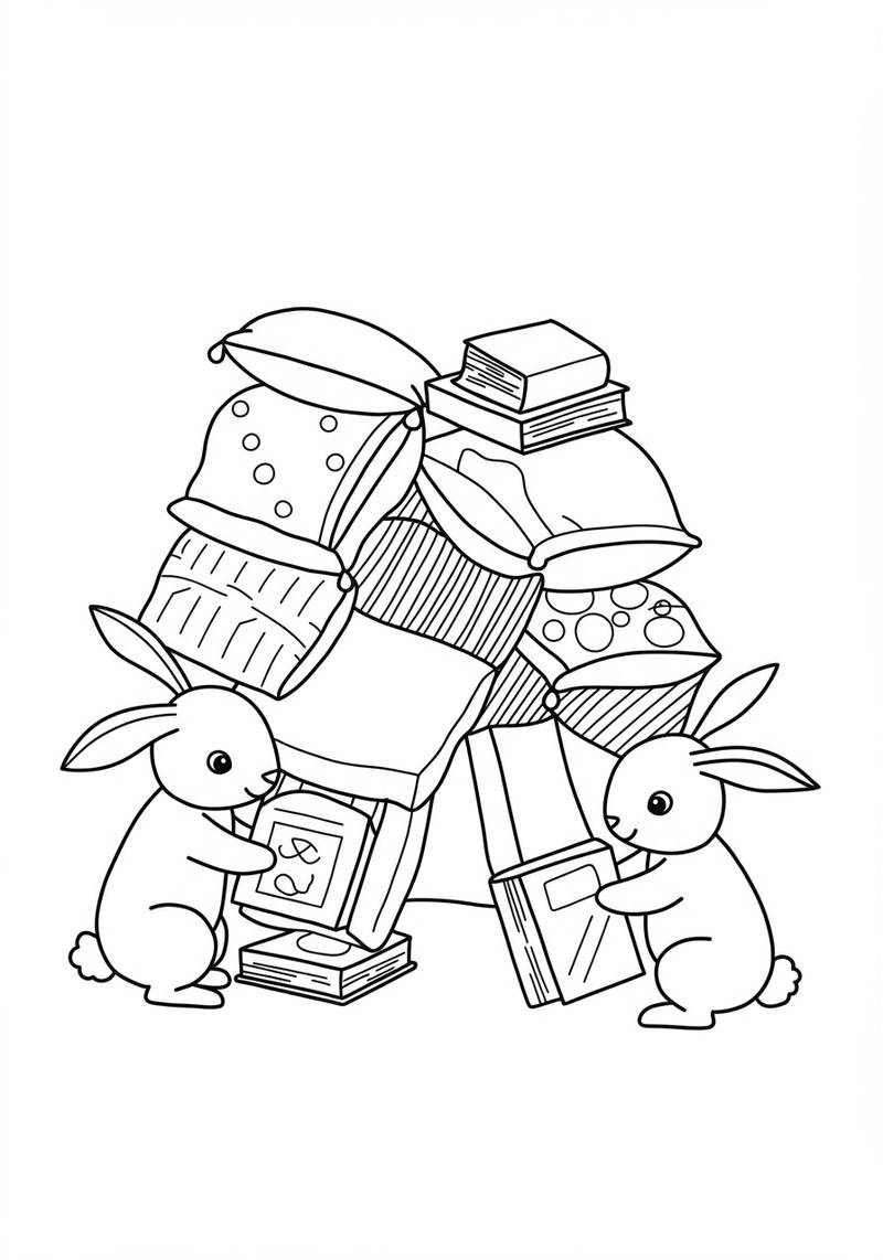 Página para colorear con dos conejitos apilando libros y bloques de construcción.