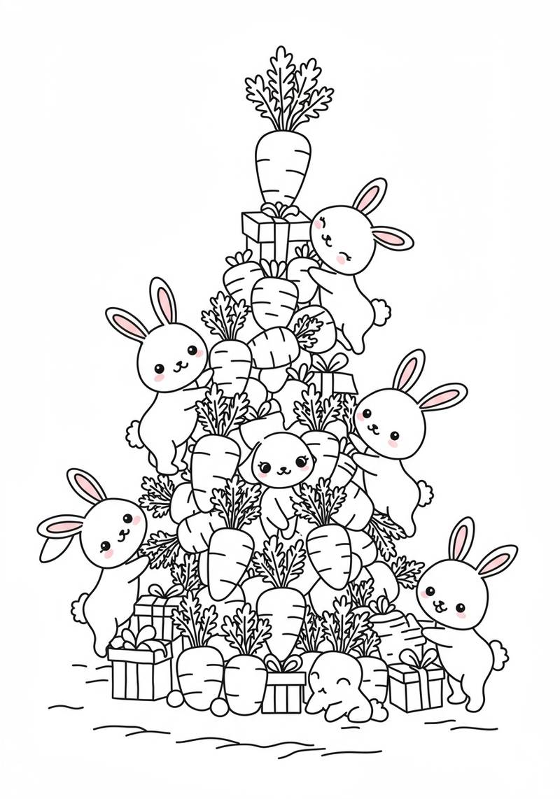 Página para colorear de conejitos entre un montón de zanahorias con regalos alrededor.