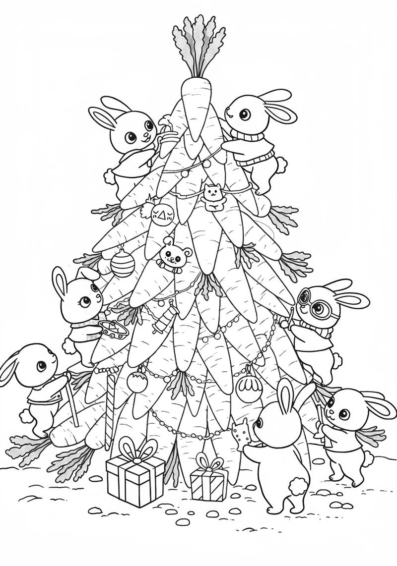 Página para colorear de conejitos lindos decorando un árbol de Navidad con regalos y adornos.