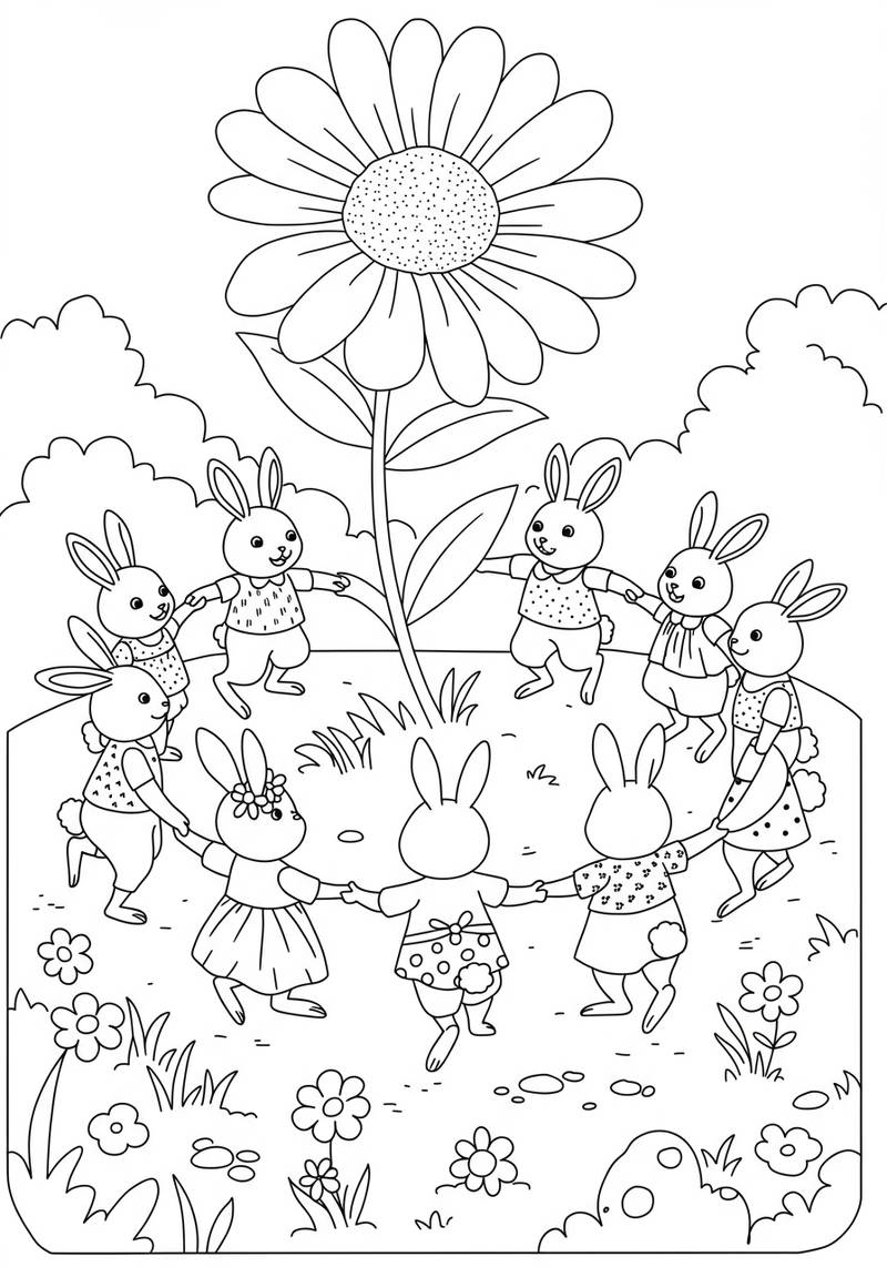 Página para colorear de conejitos tomados de las manos y bailando en círculo alrededor de una flor grande.